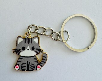 Mini Grey Tabby Cat Metal & Enamel Novelty Key Ring