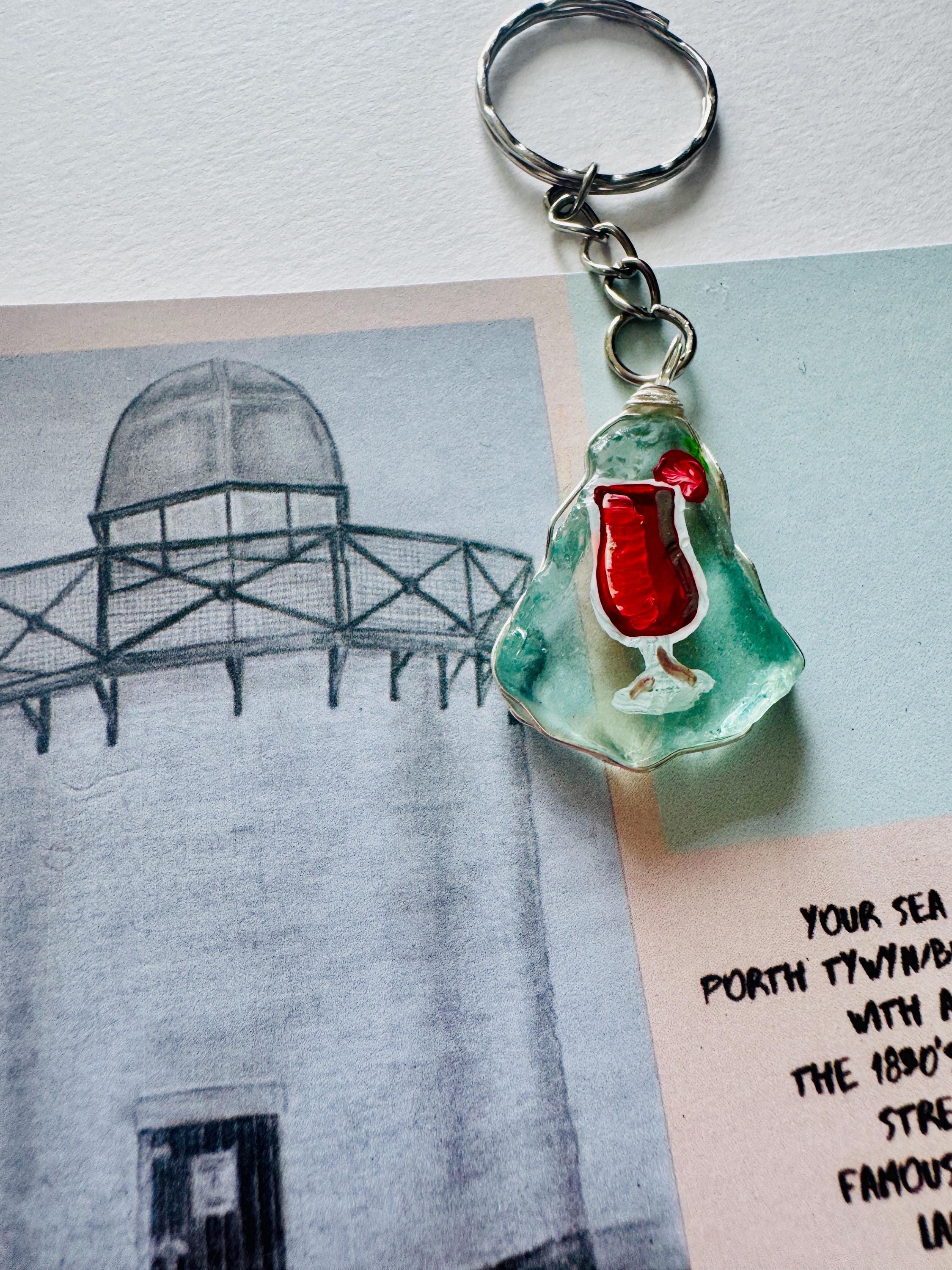 Welsh Sea Glass Handmade Key Ring - Painted Strawberry Cocktail