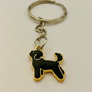 Può includere: Portachiavi in metallo nero con la silhouette di un barboncino. Il portachiavi ha un anello in metallo argentato.