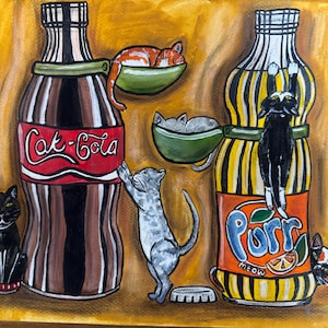 Pop Cats, Cola, Gatti, Tecnica mista, Acquerello, Dipinto originale, Non stampato, A3