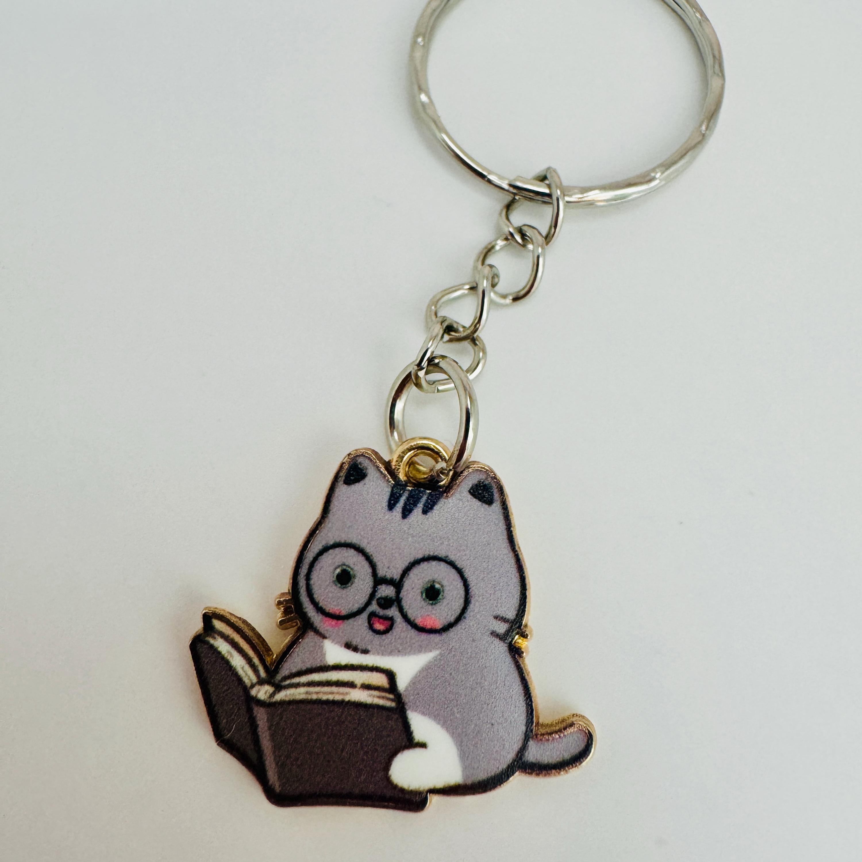 Mini Grey Cat Reading a Book Metal & Enamel Novelty Key Ring - Etsy