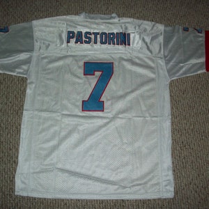 Puede incluir: Camiseta de f&uacute;tbol blanca con ribetes azules y rojos. La parte posterior de la camiseta tiene el nombre "PASTORINI" y el n&uacute;mero "7" en azul.