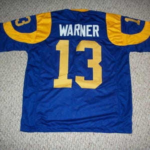 Camisa de futebol americano St. Louis azul personalizada e sem assinatura KURT WARNER, tamanho P-3XL