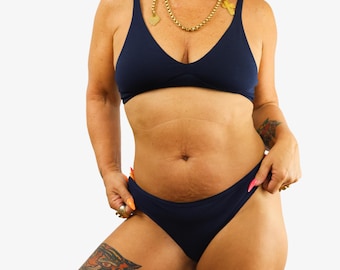 Sustainable Organic Cotton Underwear Set - Navy Blue Bralette and Thong