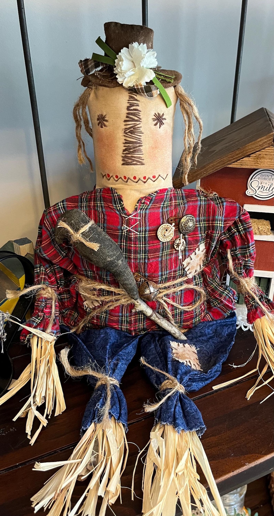 Scarecrow Primitive Folk Art Rustic Halloween Decoration Hand Made Hand ...