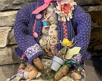 Springtime In The Hare Sitter Primitive Folk Art Plush Decoration Handmade Flower Dress