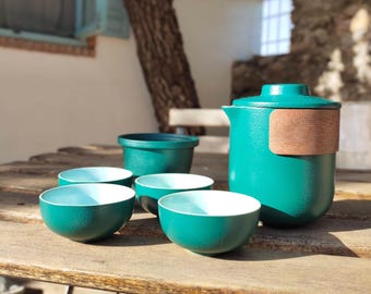 Green Pottery Travel Tea Set Kungfu Chinese Ceramic Teapot with Anti Scalding Ring 1 Teapot 1 Infuser 4 Cups in Travel Bag Tea Lover Gift
