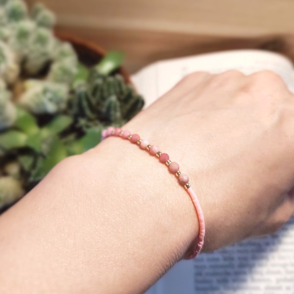 Good Luck Wish Bracelet Anklet Rhodonite Gemstone Miyuki Beads Friendship Bracelet Minimalist Boho Adjustable Slip Knot Best Friend Gift