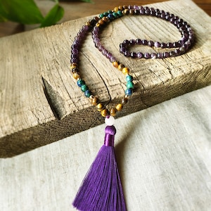 Amethyst 108 Mala Halskette Naturstein Edelstein Perlen 8 mm Türkis Tigerauge Boho spiritueller Schmuck Gebet Meditation Yoga Geschenk für sie