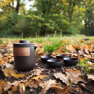 Black Pottery Reise-Teeset, chinesische Kungfu-Keramik-Teekanne mit Anti-Verbrühungsring, 1 Teekanne, 1 Teesieb, 4 Tassen in der Reisetasche, Geschenk für Teeliebhaber Bild 2