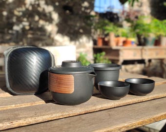 Black Pottery Travel Tea Set Kungfu Chinese Ceramic Teapot with Anti Scalding Ring 1 Teapot 1 Infuser 2 Cups in Travel Bag Tea Lover Gift