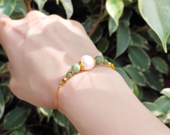 Perlen und Grün Achat Armband Einstellbar Vergoldet Accessoires Schmuck Kristall Energie Stein Heilstein Armband Naturstein Geschenk für Sie