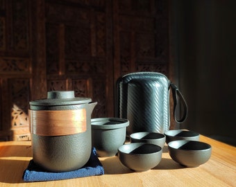 Black Pottery Travel Tea Set Kungfu Chinese Ceramic Teapot with Anti Scalding Ring 1 Teapot 1 Infuser 4 Cups in Travel Bag Tea Lover Gift