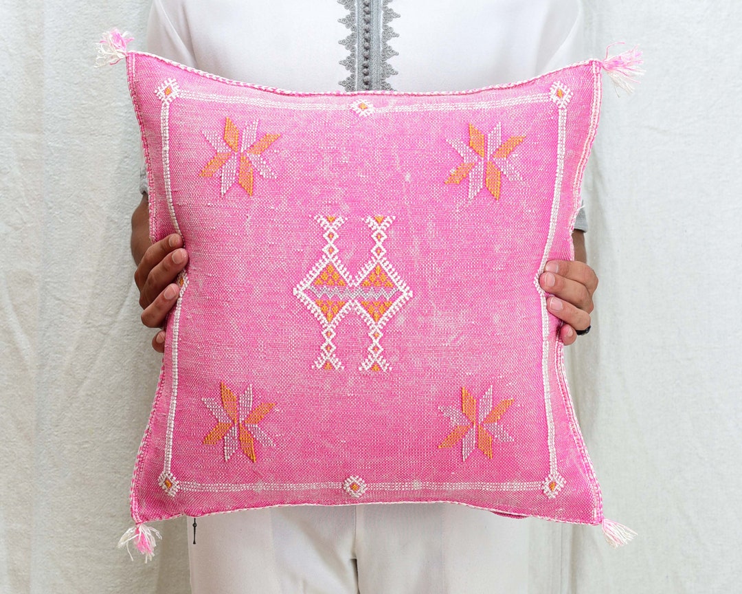 Moroccan Silk Pillow, Sabra Silk Cushion, 20x20 Berber Pillow, Hot Pink