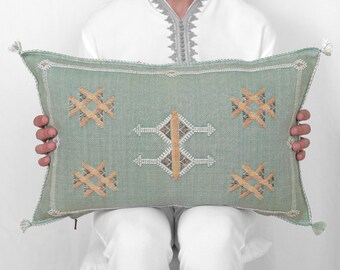 Moroccan Silk Lumbar, Green Sabra Silk Lumbar, 13x21 Tribal Lumbar Pillow,Embroidered Lumbar,Jungle Green Lounge Lumbar,Bohemian Style Green