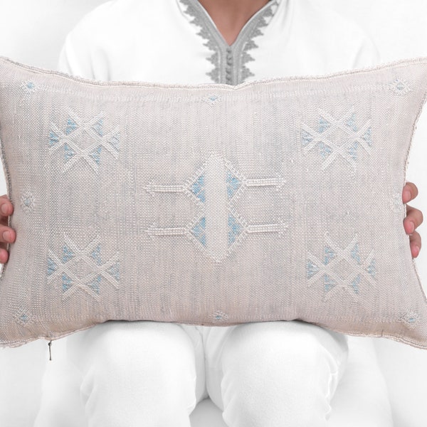 Moroccan Lumbar Cover,  Sabra Silk Cushion, 13x21 Berber Lumbar Pillow, Embroidered Lumbar,Bluestone Gray Sofa Lumbar Pillow,Gray Boho Style