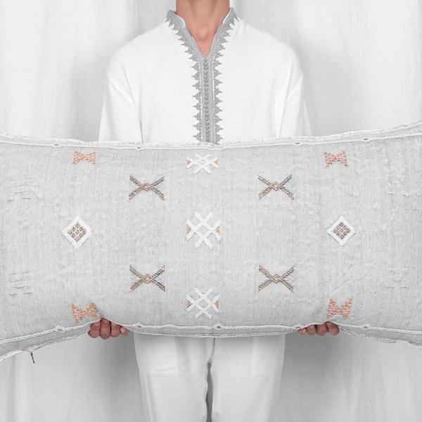 Gray Cactus Silk 20"x40" Lumbar Pillow Throw, Bluestone Moroccan Cushion, Optional Inner Pillow, Handwoven by Berber Women Weavers CTS-L108