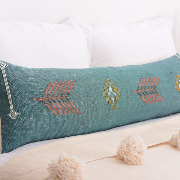 Avocado Green Cactus Silk 12"x47" Lumbar Throw, Oversized Bed/Sofa Pillow, Moroccan Sabra Cushion Cover, Handwoven by Berber Women CTS-J01