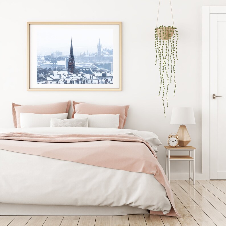 May include: A white bed with a pink duvet cover and two white pillows. A framed photograph of a city skyline hangs above the bed. A hanging plant with green leaves hangs from the ceiling. A white bedside table with a lamp and a clock sits next to the bed.
