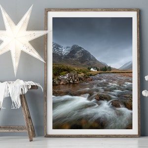 Glen Coe Mountain Print, Photography Print, Landscape Photo Featuring the Iconic White Cottage & Buachaille Etive Mòr, Glencoe Print