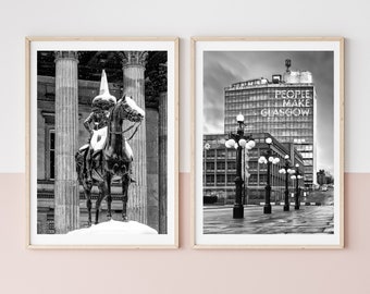 Ensemble de deux estampes glasgow de la statue du duc de Wellington et du people make glasgow building.  Photographie de ville