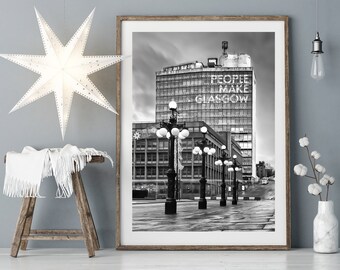 Glasgow print, Scotland photography print in Black and White. People make Glasgow art.