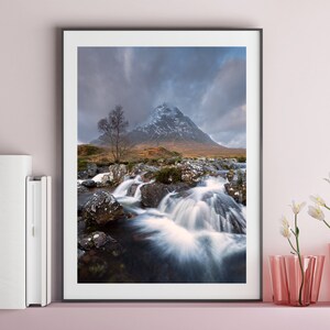 Scottish Landscape Photography Print.  Glencoe Scotland.  Featuring the Waterfall at Buachaille Etive Mòr.  Mountain Print.