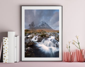 Scottish Landscape Photography Print.  Glencoe Scotland.  Featuring the Waterfall at Buachaille Etive Mòr.  Mountain Print.