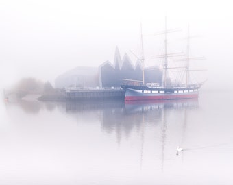 Riverside Museum, The River Clyde, Foggy Glasgow Print of The Tall Ship.  Scotland Print