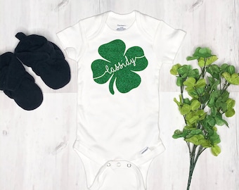 White and Green Ireland Floral Print Shamrock Applique Baby Vest Onesie