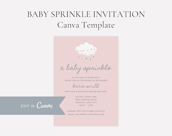 Editable Cloud Baby Sprinkle Invitation Template | Happy Cloud Pink Baby Shower Invitation Template