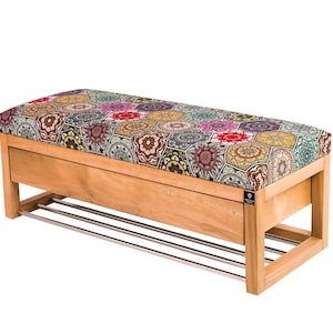 M-DEKO LGS-22 bank gestoffeerde bank met schoenenrek en lade, frame van natuurlijk hout, zittingbekleding van velours of kunstleer, op maat gemaakt