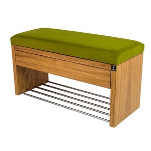 M-DEKO LGS-3 bank gestoffeerde bank met schoenenrek en lade, frame van natuurlijk hout, zittingbekleding van velours of kunstleer, op maat gemaakt