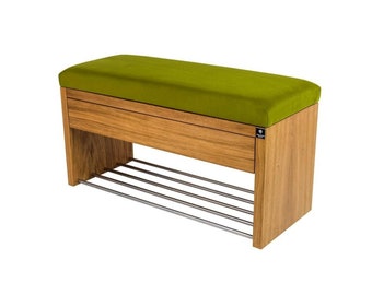 M-DEKO LGS-3 Bench Upholstered bench with shoe rack and drawer, frame made of natural wood, seat cover made of velor or imitation leather, made to measure