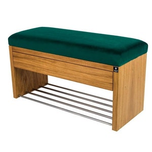 M-DEKO LGS-3 bank gestoffeerde bank met schoenenrek en lade, frame van natuurlijk hout, zittingbekleding van velours of kunstleer, op maat gemaakt