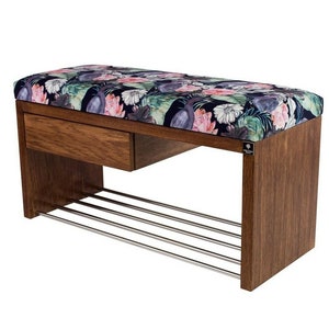 M-DEKO LGS-1 bank gestoffeerde bankkruk met schoenenrek en lade, houten frame, zittingbekleding van velours of kunstleer, op maat gemaakt