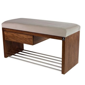 M-DEKO LGS-1 bank gestoffeerde bankkruk met schoenenrek en lade, houten frame, zittingbekleding van velours of kunstleer, op maat gemaakt