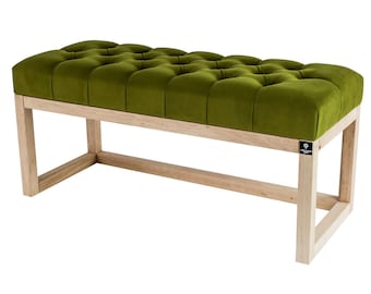 M-DEKO LPP-2 Quilted Bench Chesterfield Handmade Custom Made Wooden Frame Natural Alder Seat Velor Pistachio Green