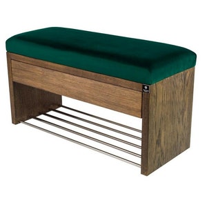 M-DEKO LGS-3 bank gestoffeerde bank met schoenenrek en lade, frame van natuurlijk hout, zittingbekleding van velours of kunstleer, op maat gemaakt