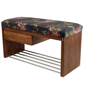 M-DEKO LGS-1 bank gestoffeerde bankkruk met schoenenrek en lade, houten frame, zittingbekleding van velours of kunstleer, op maat gemaakt
