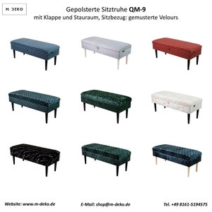 M-DEKO QM-9 zitkist borstbank gestoffeerd met opbergruimte en klep handgemaakt op maat bekleding patroon velours houten poten loft glamour