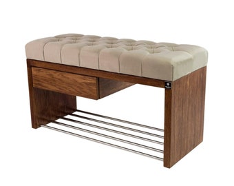 M-DEKO LPS-1 Bench Shoe bench Chesterfield Quilted with drawer and shoe rack Cover made of velor beige Wooden frame Custom-made