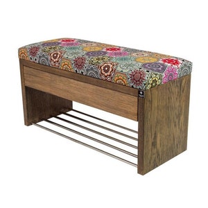 M-DEKO LGS-3 bank gestoffeerde bank met schoenenrek en lade, frame van natuurlijk hout, zittingbekleding van velours of kunstleer, op maat gemaakt