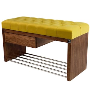 M-DEKO LPS-1 bank schoenenbank Chesterfield gewatteerd met lade en schoenenrekhoes van velours geel frame van hout op maat gemaakt