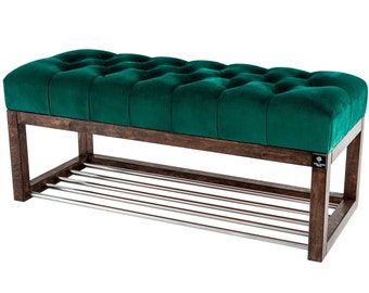 M-DEKO LPP-4 Quilted Bench Shoe Bench Chesterfield Handmade Made to measure Wooden frame Alder Color Nut Seat Velour Green Bottle Green
