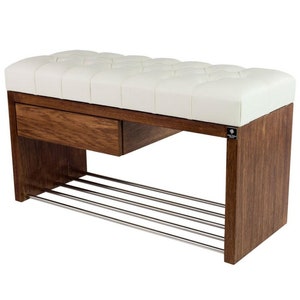 M-DEKO LPS-1 bank, schoenenbank, gewatteerd Chesterfield met lade en schoenenrek, hoes van kunstleer, wit houten frame, op maat gemaakt