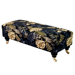 M-DEKO QM-7 zitkist borstbank gestoffeerd met opbergruimte en klep handgemaakt op maat hoes van velours Monstera02 Ottoman Glamour Loft