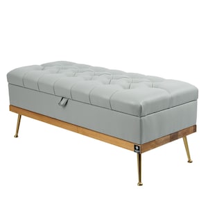 M-DEKO QD-5 Gewatteerde zitkist, bedbank, Chesterfield met opbergruimte, handgemaakt op maat, bekleding van kunstleer, lichtgrijs frame, hout