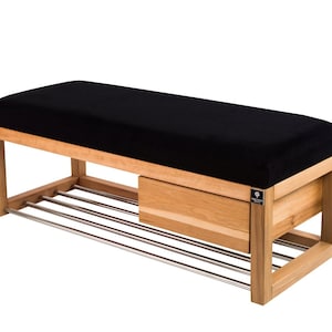 M-DEKO LGS-9 bank gestoffeerde bank met schoenenrek en lade, frame van natuurlijk hout, zittingbekleding van velours of kunstleer, op maat gemaakt