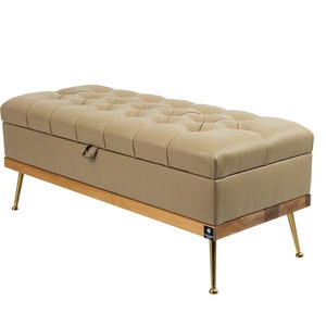 M-DEKO QD-5 Gewatteerde zitbank Chesterfield met opbergruimte Handgemaakte op maat gemaakte hoes van kunstleer beige frame hout